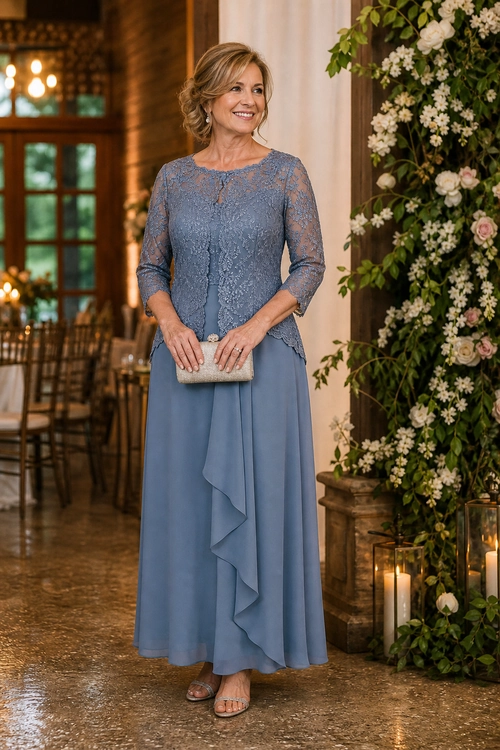 Blue Lace Evening Dress Woman wearing a blue lace-sleeve dress with a flowing ruffled skirt, silver clutch, and metallic sandals.