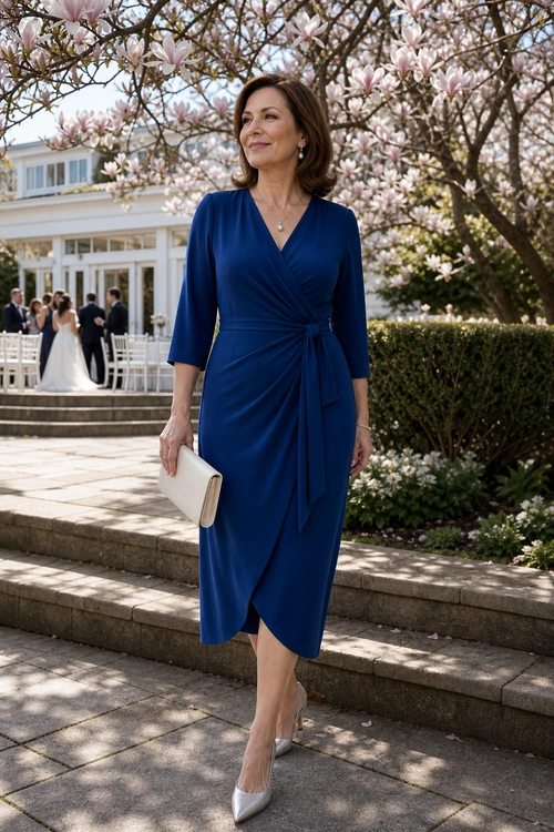 Woman wearing a royal blue wrap midi dress with pointed heels and a cream clutch outdoors.