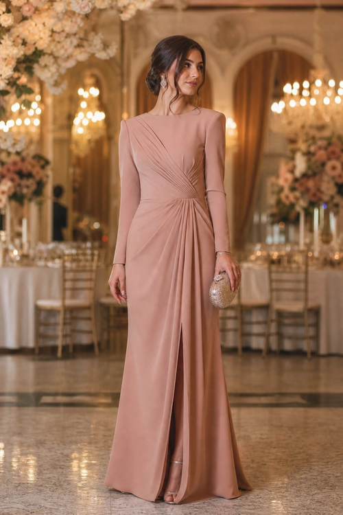 Blush Draped Evening Gown A woman wears a blush pink long-sleeved floor-length gown with diagonal draping, a front slit, and a glittering clutch.