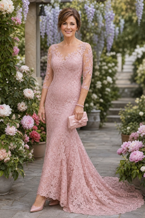 Blush Lace Gown with Train Woman wearing a blush pink lace gown with three-quarter sleeves, a flared train, matching bow clutch, bracelet, and pink pumps in a flower-filled garden.