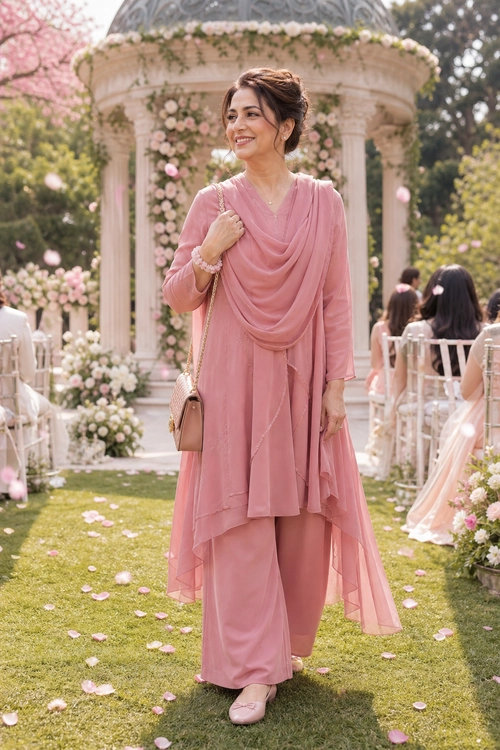 Blush Pink Draped Occasion Outfit A woman wears a blush pink draped tunic with wide-leg trousers and matching flats at a flower-filled garden event.