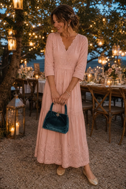 Blush Pink Embroidered Dress Outfit A woman wears a blush pink embroidered midi dress with a teal handbag and beige flats at an evening outdoor gathering.
