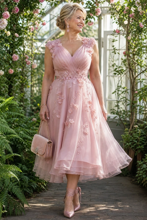A woman wears a blush pink floral appliqué dress with matching ankle-strap heels and a chain-strap handbag.