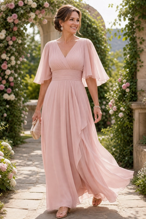 Woman wearing a flowing blush pink V-neck maxi dress with flutter sleeves, a beige clutch, jewelry, and flat sandals.