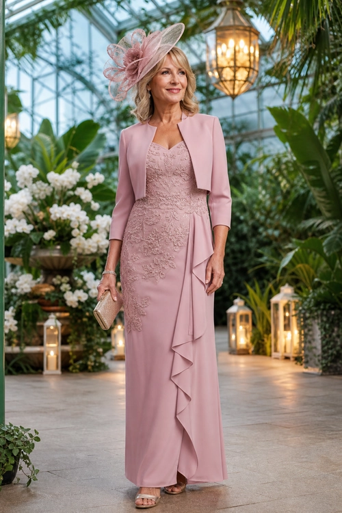 Blush Pink Formal Dress A woman wears a blush pink lace-detail floor-length dress with a matching cropped jacket, fascinator, clutch, and sandals.