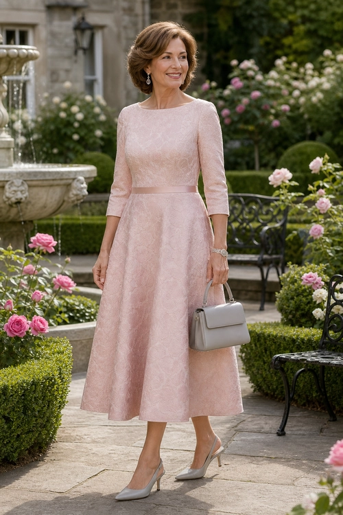Blush Pink Garden Party Dress Woman wearing a blush pink three-quarter-sleeve midi dress with gray pointed-toe heels and a structured gray handbag in a rose garden.