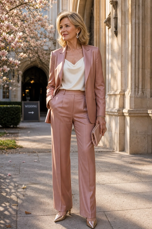 A woman wears a blush pink tailored blazer and trousers with an ivory draped camisole, pointed heels, and a matching clutch.