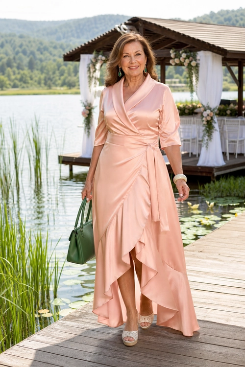 Blush Pink Wrap Dress Woman wearing a blush pink wrap dress with an asymmetric draped hem, green handbag, and woven wedge sandals by a lakeside wedding setting.
