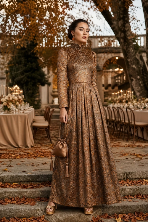 Bronze Brocade Maxi Dress Woman wearing a long-sleeve bronze brocade maxi dress with a small brown drawstring handbag and open-toe heels.