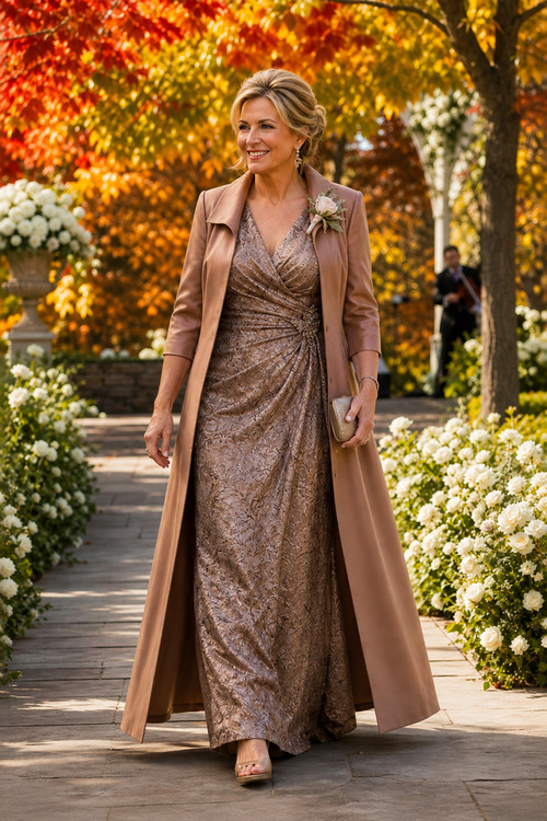 Woman in a bronze gown and long coat