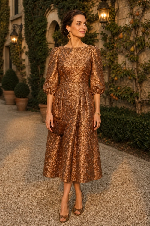 Bronze Metallic Midi Dress Woman wearing a bronze metallic textured midi dress with puff sleeves, a brown clutch, and open-toe heels.