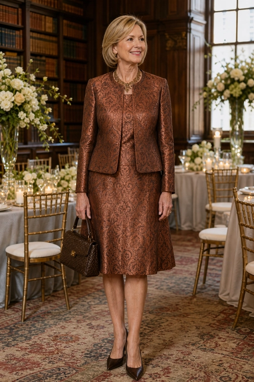 A woman wears a brown patterned skirt suit with pointed-toe pumps, a structured handbag, and a pendant necklace.