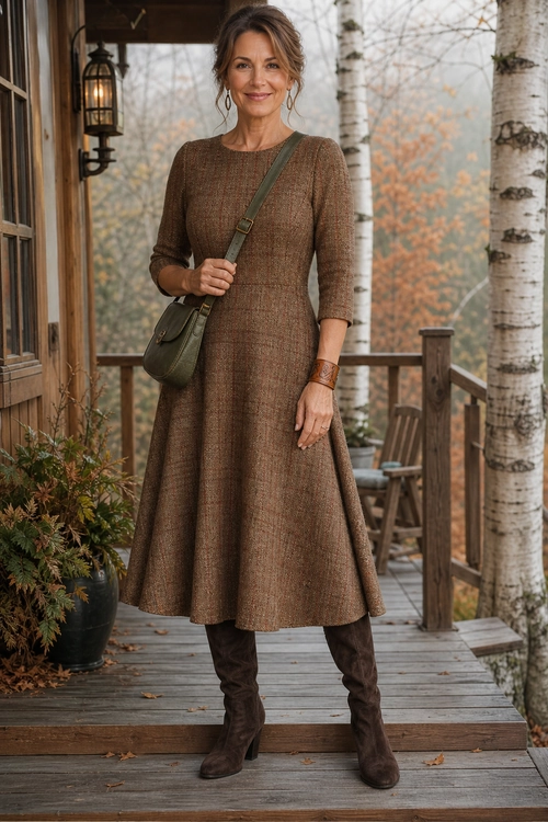 A woman wears a textured brown long-sleeve dress with tall brown boots and an olive green crossbody bag on a wooden porch.