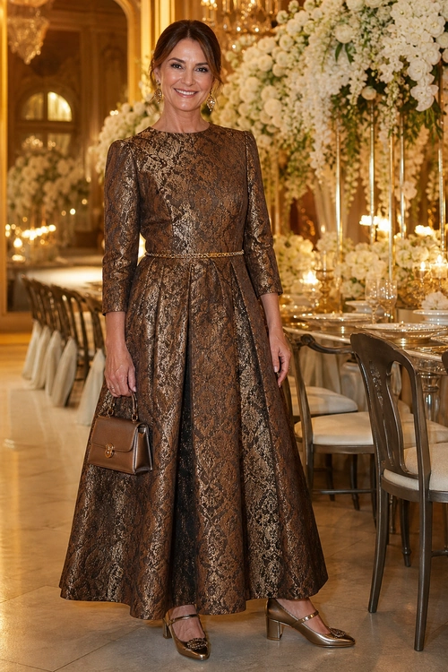 Brown Metallic Patterned Dress Woman wearing a long-sleeve brown metallic patterned fit-and-flare dress with a thin belt, small handbag, and block-heel sandals.