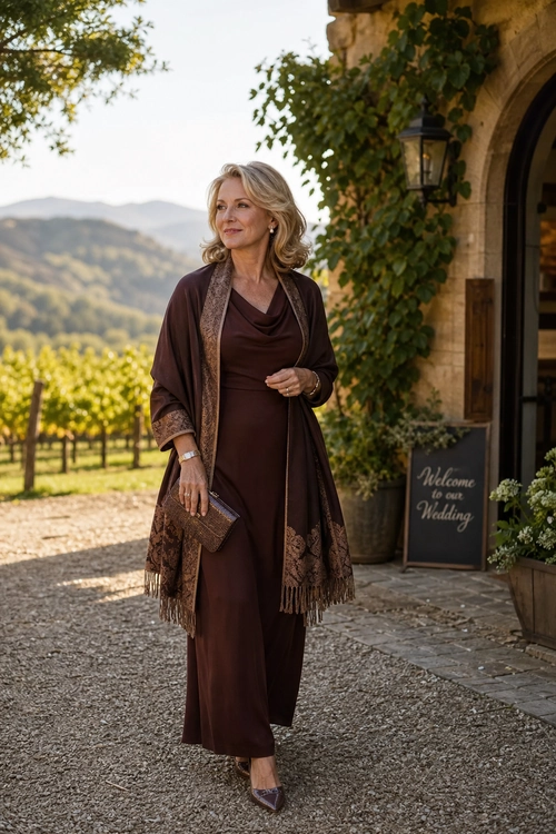 A woman wears a long brown draped dress with a patterned fringed shawl, matching clutch, and pointed heels.
