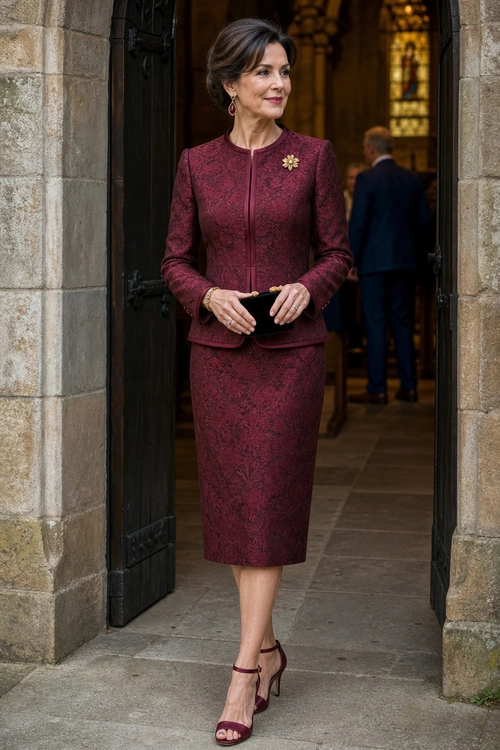 A woman wears a burgundy brocade jacket and knee-length pencil skirt with matching heels, a black clutch, earrings, and a floral brooch.