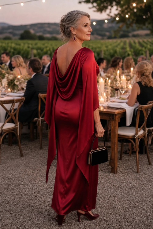 Burgundy Draped Evening Dress Woman wearing a burgundy draped long dress with burgundy heels and a black clutch at an outdoor evening gathering.