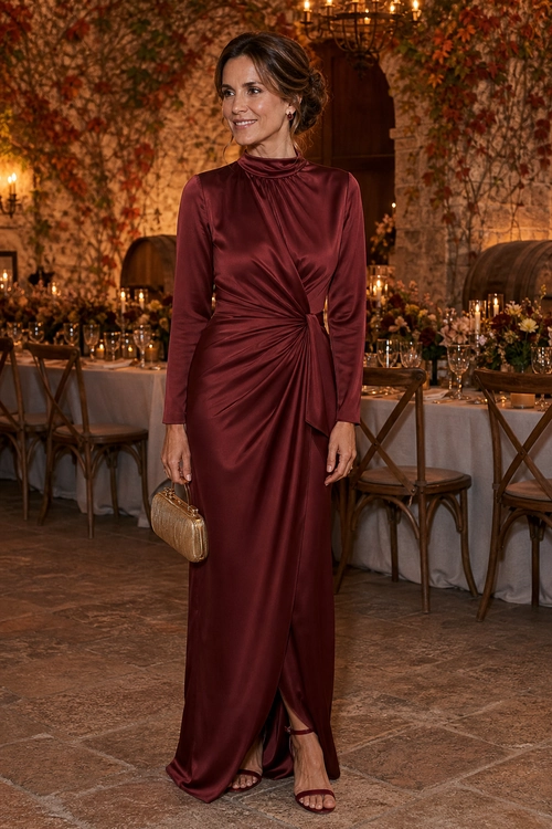 Burgundy Draped Evening Gown A woman wears a long-sleeved burgundy satin gown with gathered draping, strappy heels, and a metallic clutch.