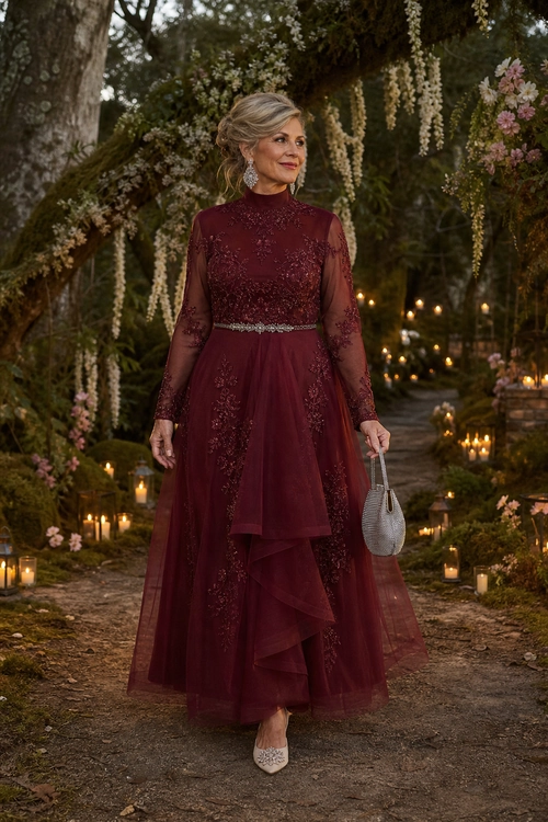 Burgundy Embellished Evening Gown A woman wearing a burgundy high-neck evening gown with sheer embellished sleeves, a jeweled belt, layered tulle skirt, and a silver beaded clutch.
