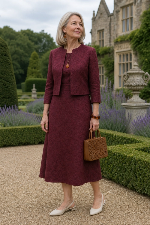 Burgundy Jacket and Midi Dress Outfit Woman wearing a burgundy patterned jacket over a matching midi dress with cream flats and a brown embossed handbag.