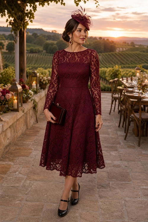 Woman wearing a burgundy long-sleeve lace midi dress with a matching fascinator, clutch, earrings, and black Mary Jane heels.
