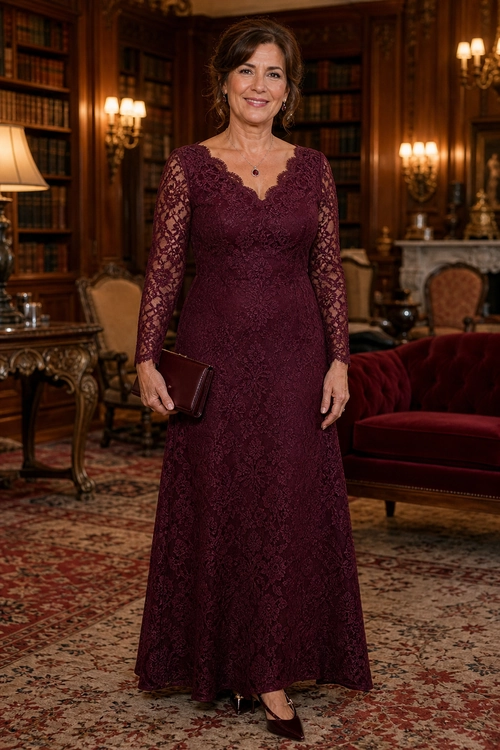 Burgundy Lace Evening Dress Woman wearing a floor-length burgundy lace dress with sheer long sleeves, a matching clutch, and pointed heels.
