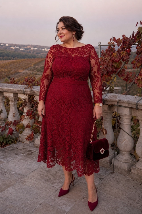 Burgundy Lace Midi Dress Outfit A woman wears a burgundy lace midi dress with sheer sleeves, pointed-toe heels, and a matching chain-strap handbag outdoors.