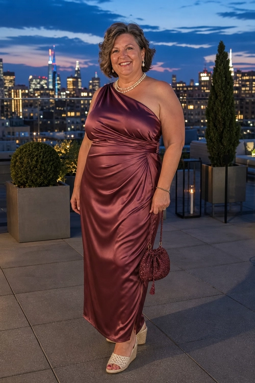 Burgundy One-Shoulder Satin Dress A woman wears a burgundy one-shoulder satin dress with pearl jewelry, a beaded handbag, and cream peep-toe sandals.