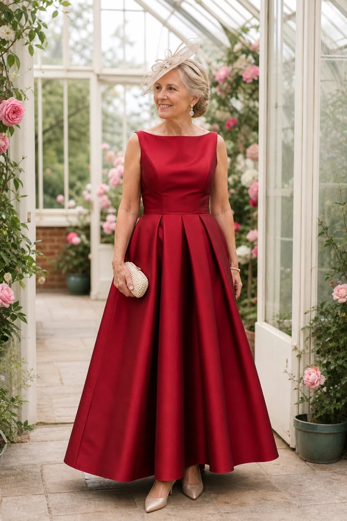 Burgundy Satin Evening Dress A woman wears a sleeveless burgundy satin full-length dress with a fascinator, clutch, heels, and earrings in a flower-filled glass conservatory.
