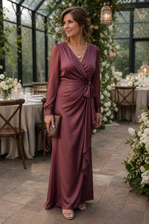 Burgundy Satin Wrap Maxi Dress Woman wearing a long burgundy satin wrap dress with ruched detailing, a brown clutch, jewelry, and strappy sandals.
