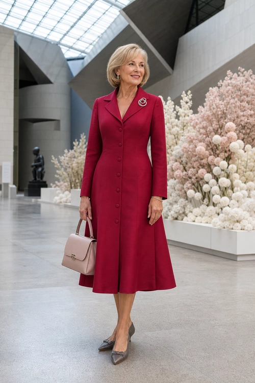 Burgundy Tailored Coat Dress Woman wearing a burgundy tailored coat dress with a brooch, pale pink handbag, and gray pointed-toe pumps.