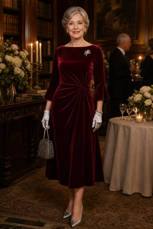 Burgundy Velvet Evening Dress A woman wears a burgundy velvet midi dress with silver gloves, a brooch, a beaded handbag, and pointed metallic heels.