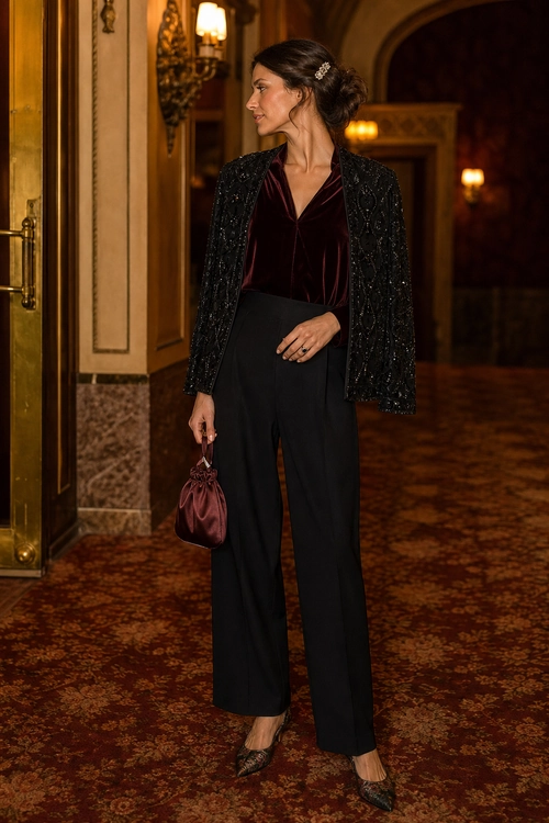 Burgundy Velvet Evening Outfit A woman wears a burgundy velvet top with a black embellished jacket, wide-leg trousers, patterned flats, and a small burgundy handbag.