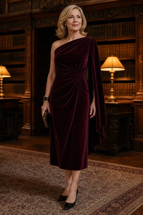 Burgundy Velvet One-Shoulder Dress A woman wears a burgundy velvet one-shoulder midi dress with draped sleeves, black pointed pumps, and a small dark clutch.