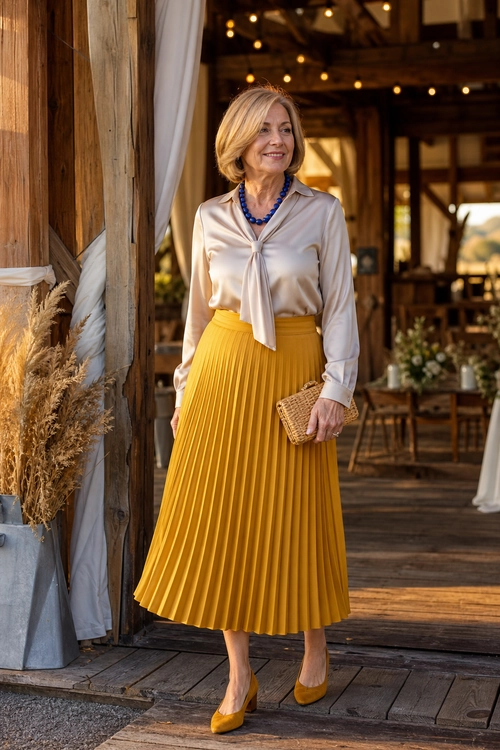 Champagne Blouse and Mustard Pleated Skirt Outfit A woman wears a champagne satin blouse with a tie neckline, mustard pleated midi skirt, matching pumps, blue beaded necklace, and woven clutch.