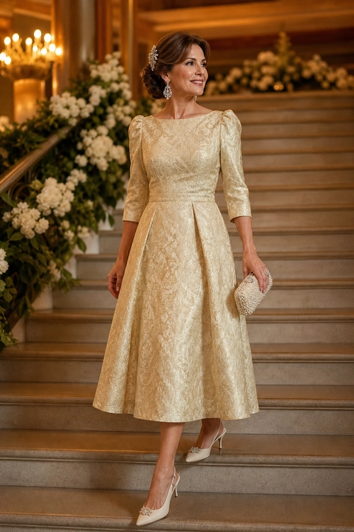 A woman wears a champagne brocade midi dress with three-quarter sleeves, ivory pointed-toe shoes, and a beaded clutch on a staircase.