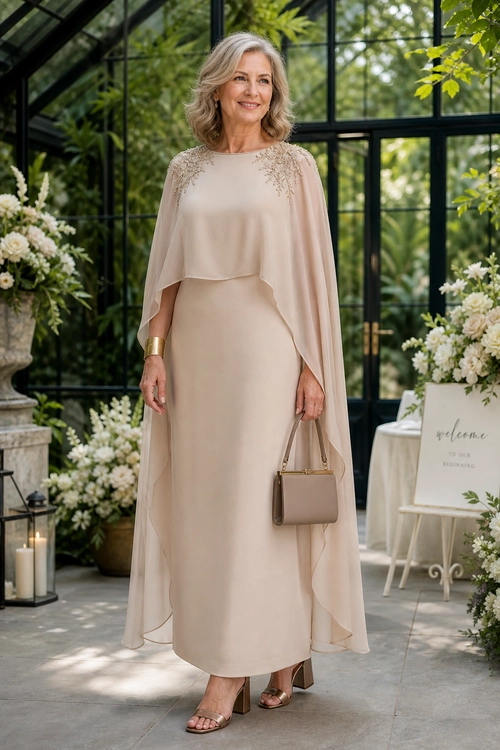 A woman wearing a champagne-colored dress with a flowing sheer cape overlay, metallic heels, and a small structured handbag.