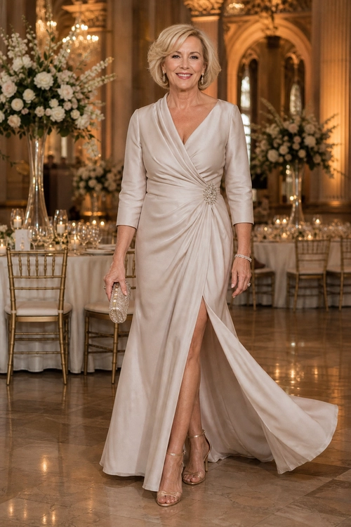 A woman wears a champagne long-sleeve draped evening gown with a thigh-high slit, jeweled waist detail, beaded clutch, and strappy heels.