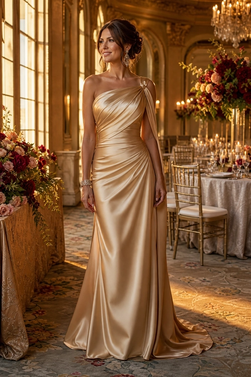Woman wearing a champagne satin evening gown with an asymmetrical draped neckline, gathered waist, and floor-length train.