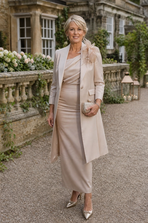 A woman wears a champagne satin dress with a long matching coat, floral brooch, clutch, and pointed shoes in a formal garden setting.