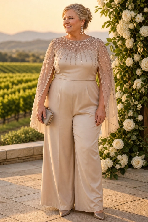 Champagne Embellished Jumpsuit Outfit A champagne wide-leg jumpsuit with sheer embellished sleeves styled with a metallic clutch, drop earrings, and pointed heels.