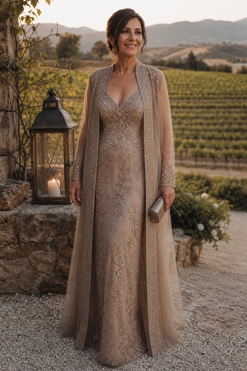 Embroidered Champagne Evening Gown A woman wears a champagne embroidered floor-length gown with a sheer embellished overlay and holds a small clutch outdoors.