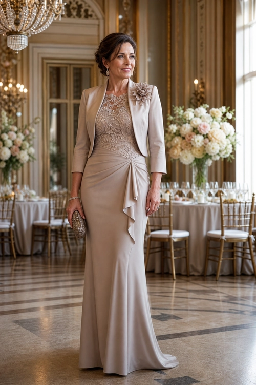 Champagne Lace Evening Ensemble A woman wears a champagne lace gown with a cropped satin jacket, floral brooch, and metallic clutch in an elegant reception setting.