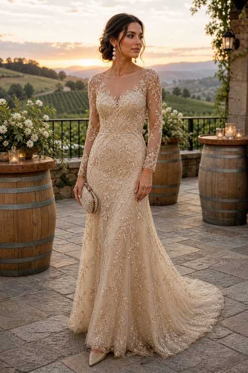 Woman wearing a long-sleeved champagne lace gown with a flowing train, pearl drop earrings, a beaded clutch, and pointed-toe heels.