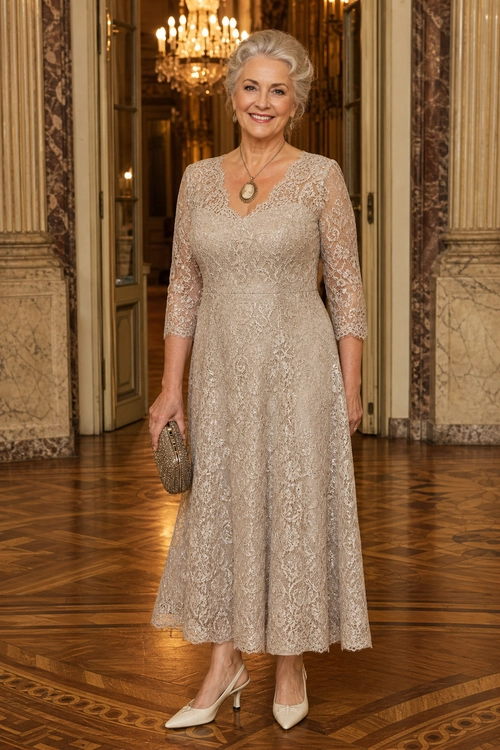 Champagne Lace Midi Dress Outfit A woman wears a champagne lace midi dress with three-quarter sleeves, a pendant necklace, a textured clutch, and ivory pointed-toe heels.