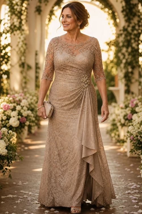 A woman wears a champagne-toned lace dress with three-quarter sleeves, a draped ruffle skirt, a waist embellishment, and a matching clutch.
