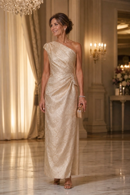 A woman wears a champagne one-shoulder patterned midi dress with a ruched waist, metallic clutch, bracelet, earrings, and strappy sandals.
