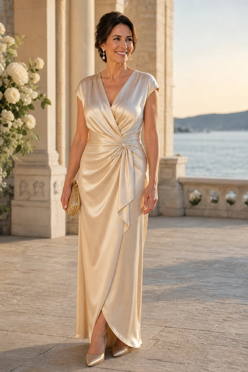 Champagne Satin Draped Dress A woman wears a champagne satin dress with a draped wrap front, ruched waist, metallic clutch, drop earrings, and pointed-toe pumps.