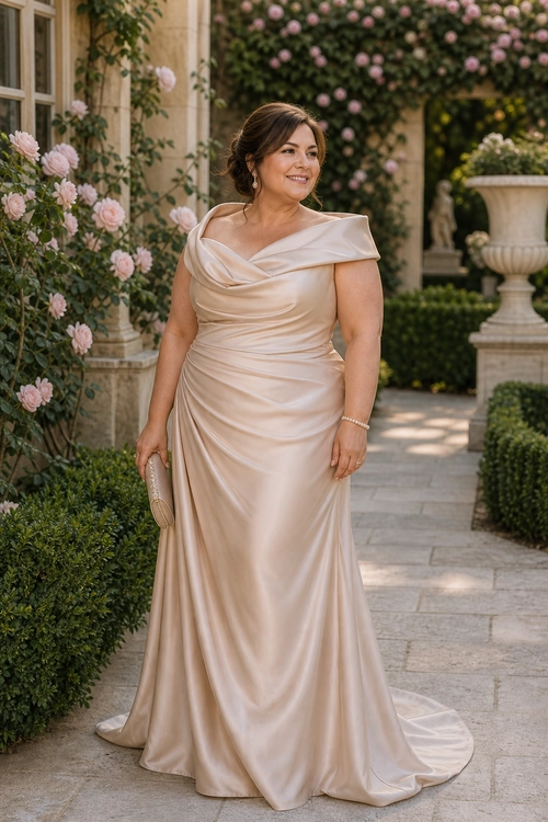 Champagne Satin Draped Evening Gown A woman wears a champagne satin floor-length gown with a draped neckline and carries a matching clutch in a garden setting.