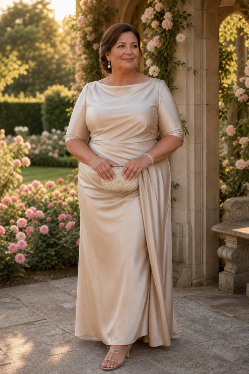 Champagne Satin Garden Party Dress A woman wears a champagne satin draped maxi dress with a beaded clutch and strappy sandals in a rose-filled garden.